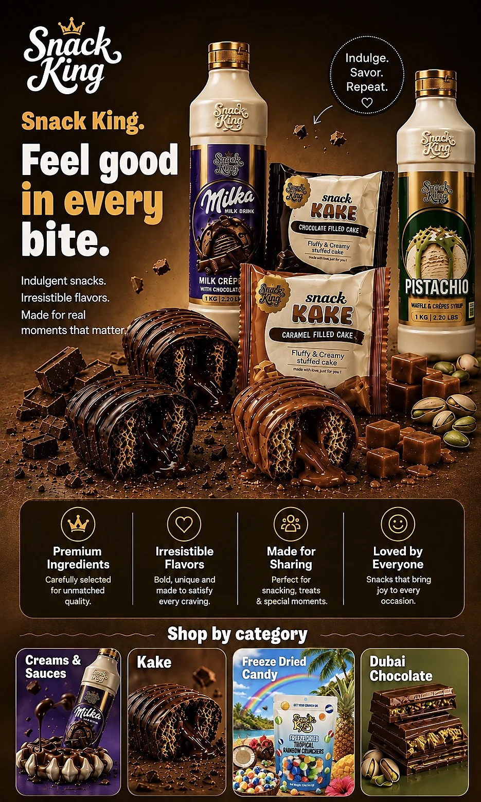 Snack King lineup: Milka milk drink and pistachio waffle syrup bottles beside chocolate and caramel filled Snack KAKE packs, with shop-by-category tiles for Creams & Sauces, Kake, Freeze Dried Candy and Dubai Chocolate
