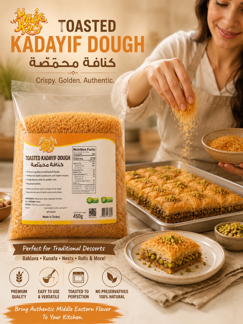 Bag of toasted kadayif dough beside a tray of pistachio kunafa